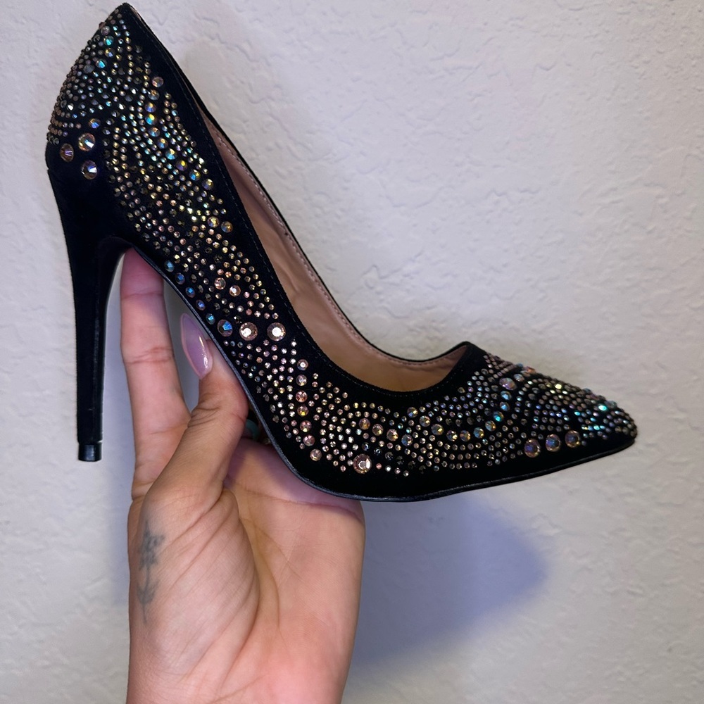 Anne Michelle Black Sparkly Rhinestone Stiletto 4.5” Heels Size 8 - Picture 4 of 8